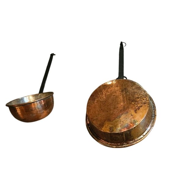 Antique Large Hand Forged French Copper Pots With Brass Handles 23"L 25"L - Picture 16 of 16